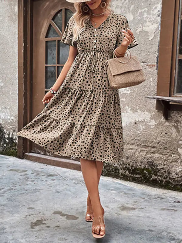 Women's new V-neck waisted short-sleeved printed dress kakaclo