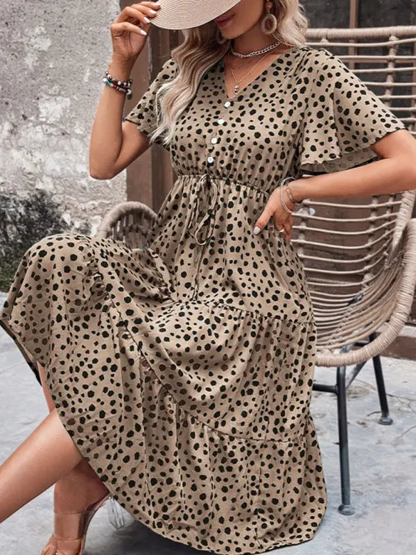 Women's new V-neck waisted short-sleeved printed dress kakaclo