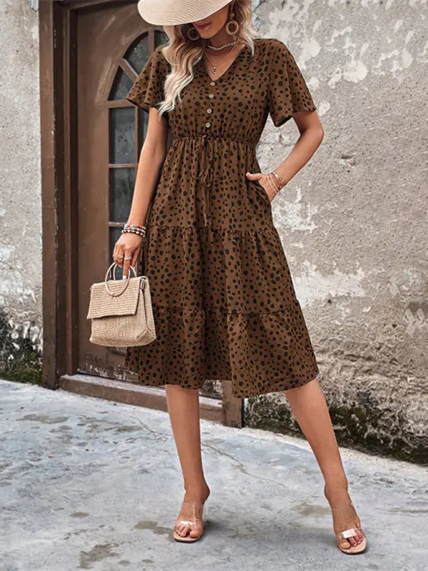 Women's new V-neck waisted short-sleeved printed dress kakaclo