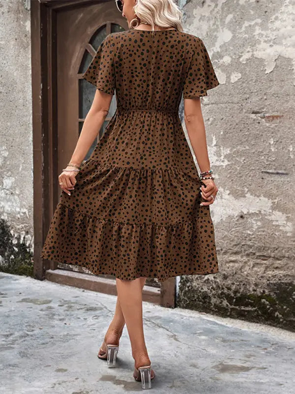 Women's new V-neck waisted short-sleeved printed dress kakaclo