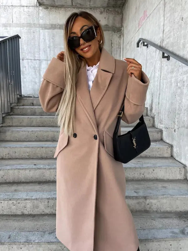 Women's new long-sleeved suit collar double-breasted woolen coat top kakaclo