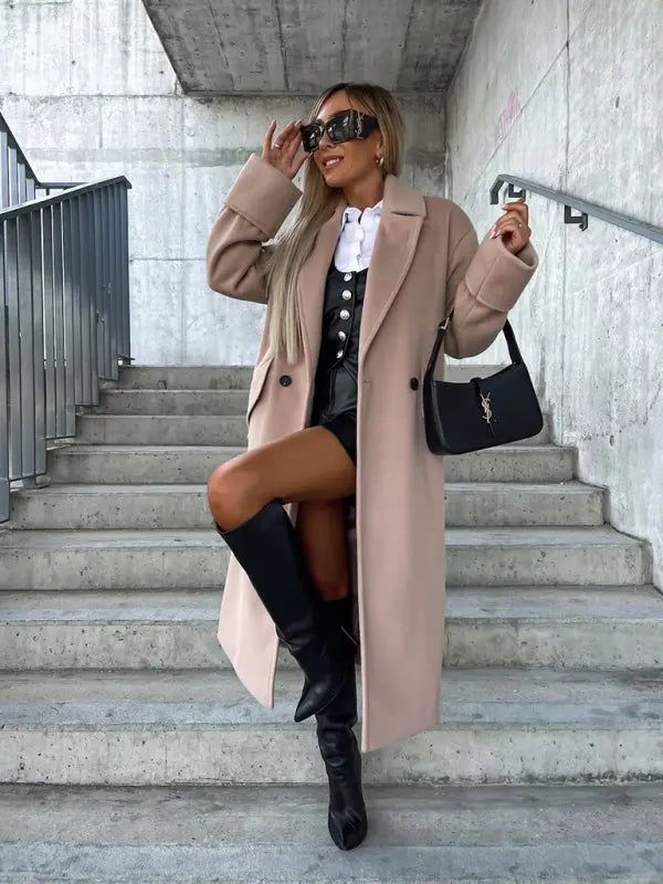 Women's new long-sleeved suit collar double-breasted woolen coat top kakaclo