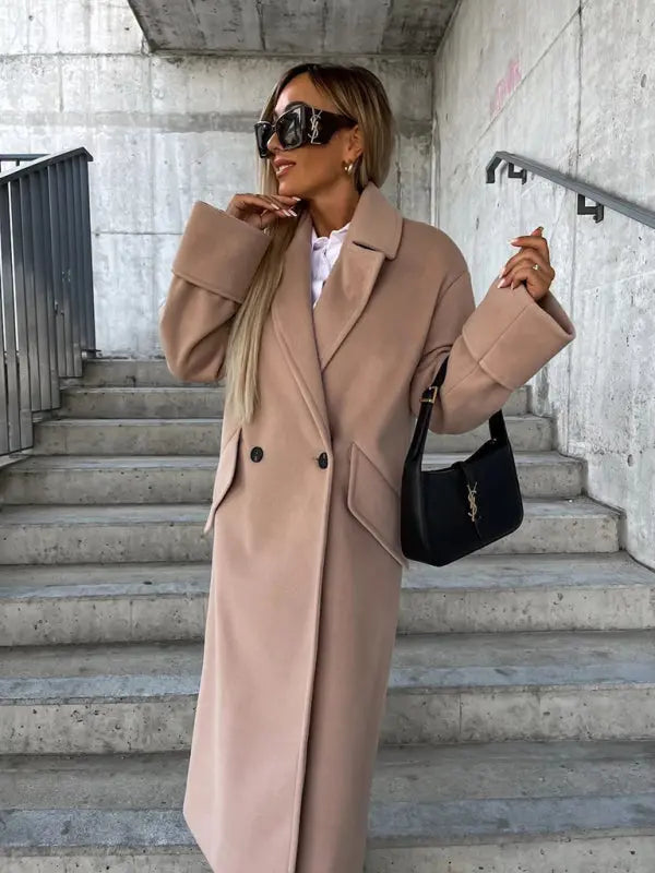 Women's new long-sleeved suit collar double-breasted woolen coat top kakaclo