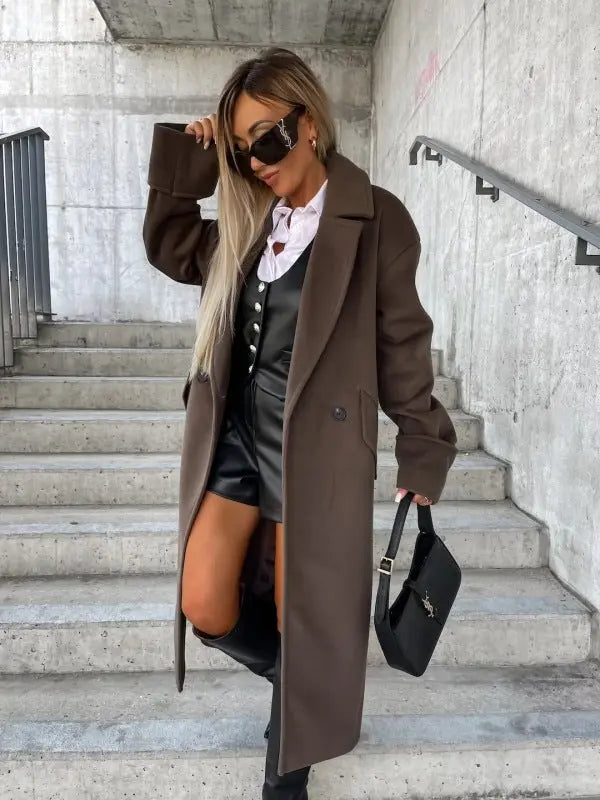 Women's new long-sleeved suit collar double-breasted woolen coat top kakaclo