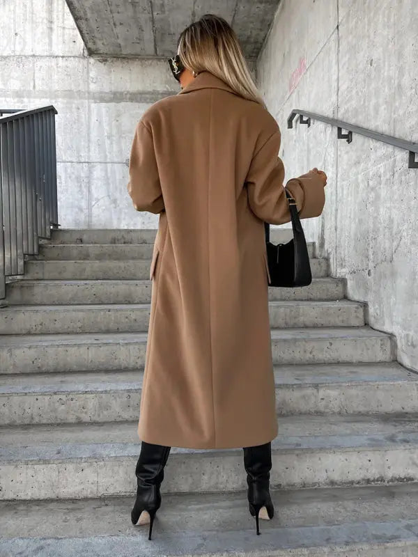 Women's new long-sleeved suit collar double-breasted woolen coat top kakaclo