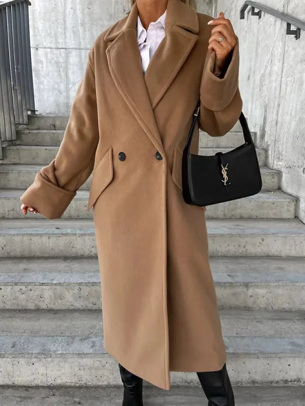 Women's new long-sleeved suit collar double-breasted woolen coat top kakaclo