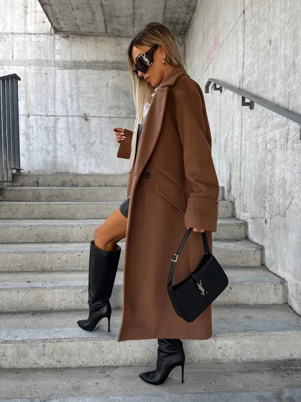 Women's new long-sleeved suit collar double-breasted woolen coat top kakaclo
