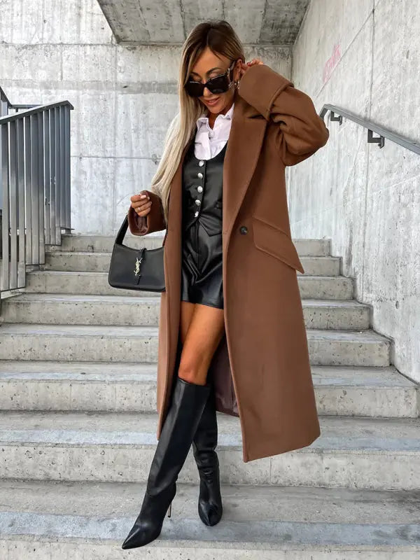 Women's new long-sleeved suit collar double-breasted woolen coat top kakaclo