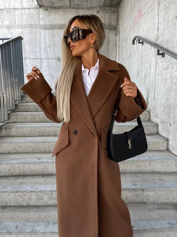 Women's new long-sleeved suit collar double-breasted woolen coat top kakaclo