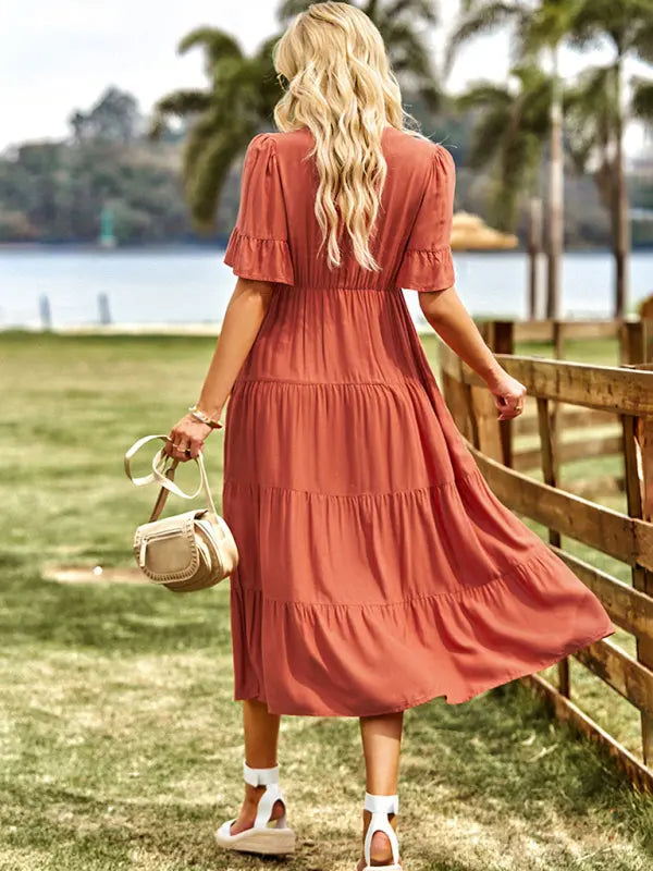 Women's new simple loose casual V-neck long skirt kakaclo