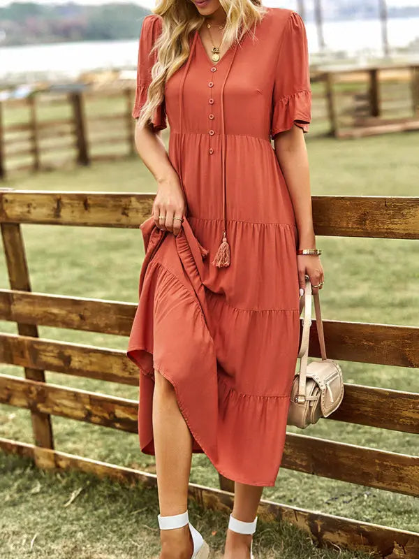 Women's new simple loose casual V-neck long skirt kakaclo