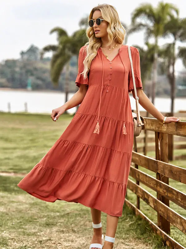 Women's new simple loose casual V-neck long skirt kakaclo