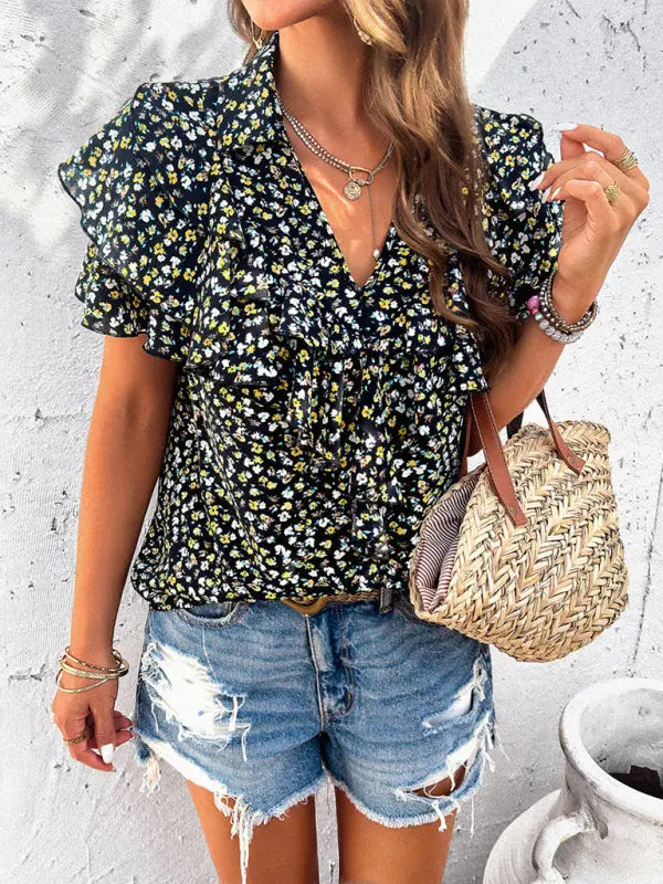 Women's new style elegant printed wood ear top kakaclo