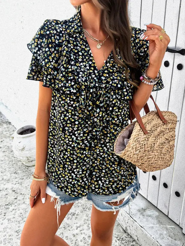 Women's new style elegant printed wood ear top kakaclo