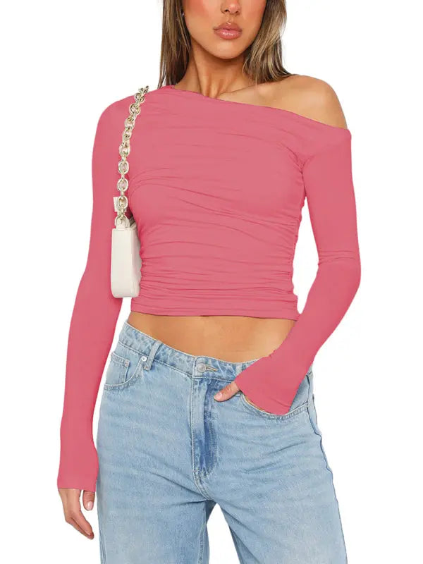 Women's off-shoulder asymmetrical solid color crop top long-sleeved sexy slim fit T-shirt kakaclo