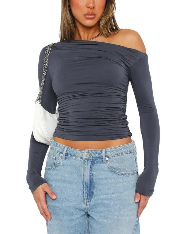 Women's off-shoulder asymmetrical solid color crop top long-sleeved sexy slim fit T-shirt kakaclo