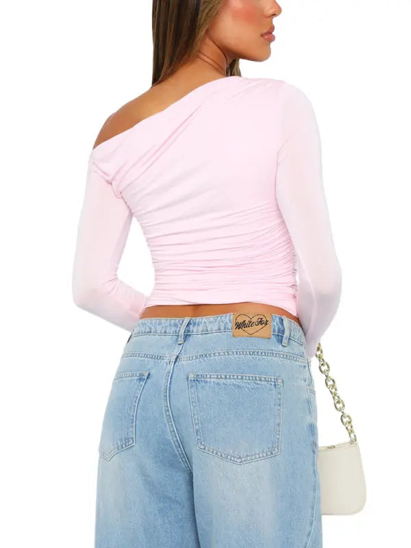 Women's off-shoulder asymmetrical solid color crop top long-sleeved sexy slim fit T-shirt kakaclo