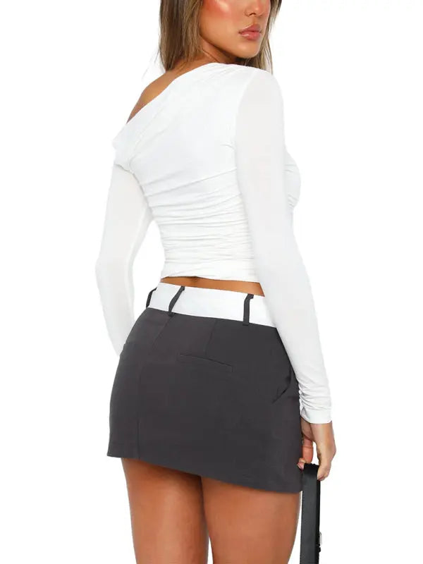 Women's off-shoulder asymmetrical solid color crop top long-sleeved sexy slim fit T-shirt kakaclo