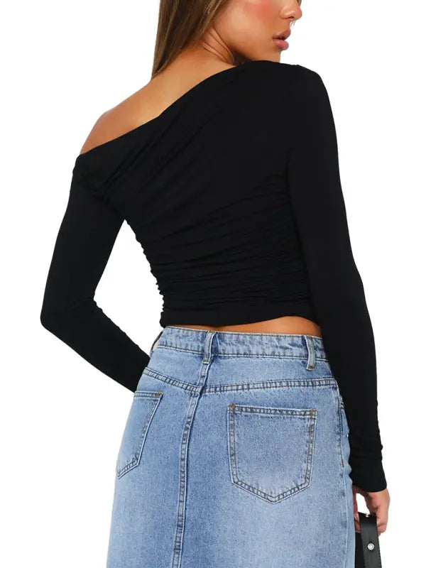 Women's off-shoulder asymmetrical solid color crop top long-sleeved sexy slim fit T-shirt kakaclo