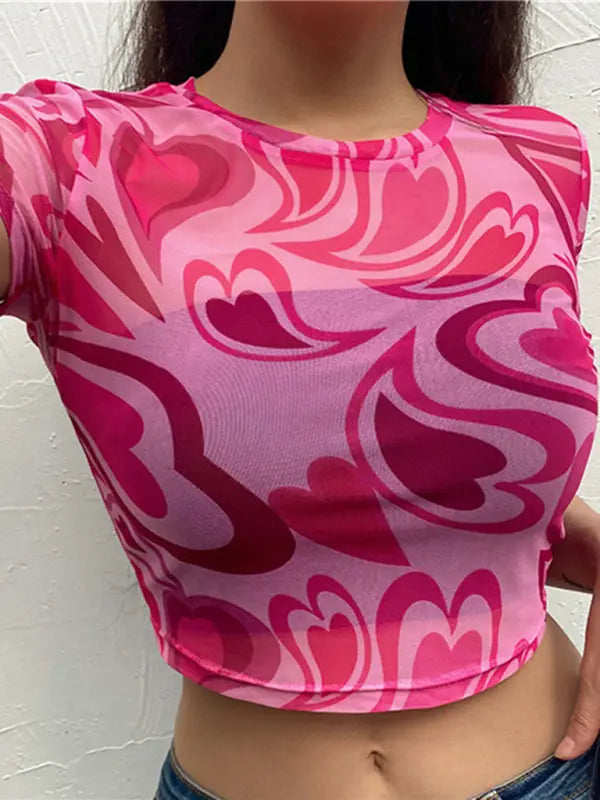 Women's round neck love mesh sexy see-through short-sleeved T-shirt top BLUE ZONE PLANET