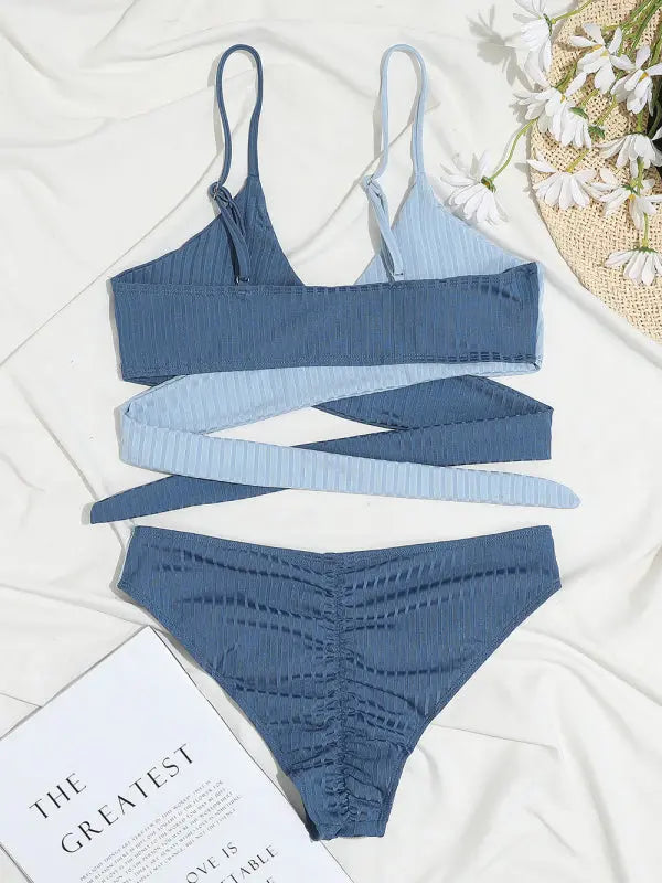 Women's solid color color block thick pit strip cross strap high waist bikini BLUE ZONE PLANET