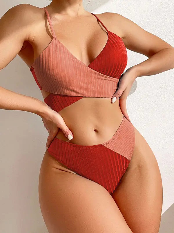 Women's solid color color block thick pit strip cross strap high waist bikini BLUE ZONE PLANET