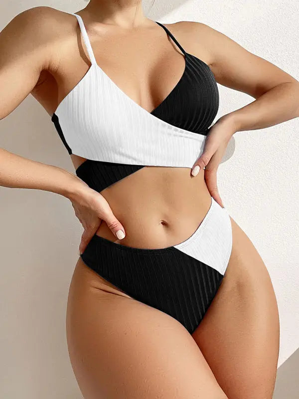 Women's solid color color block thick pit strip cross strap high waist bikini BLUE ZONE PLANET