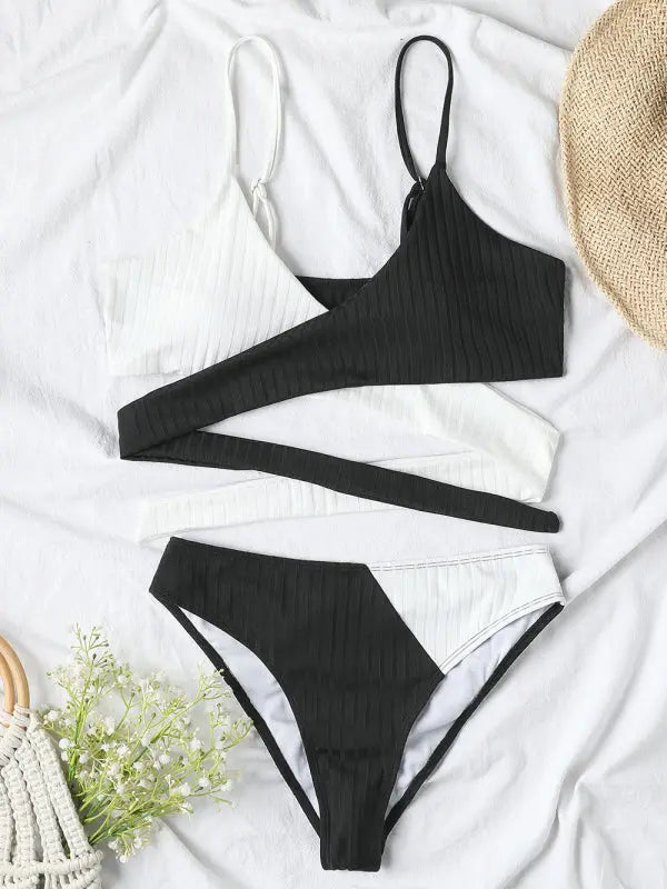 Women's solid color color block thick pit strip cross strap high waist bikini BLUE ZONE PLANET