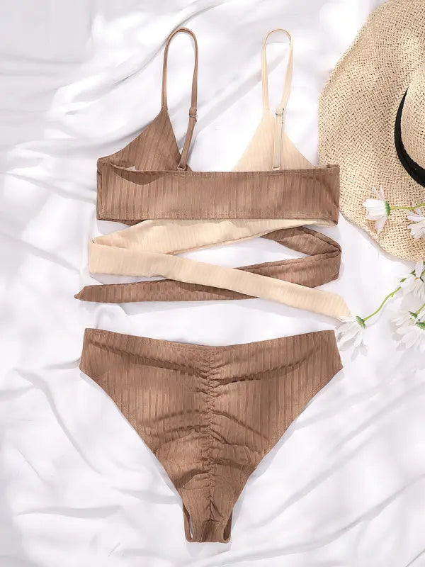 Women's solid color color block thick pit strip cross strap high waist bikini BLUE ZONE PLANET