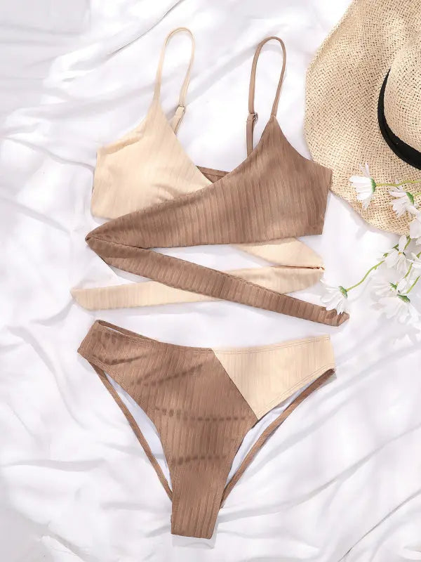 Women's solid color color block thick pit strip cross strap high waist bikini BLUE ZONE PLANET