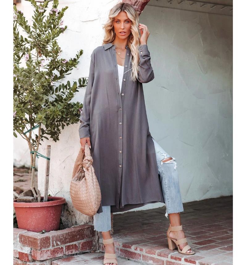 Women's Lapel Shirt Loose Casual Long Sleeve Buttoned Midi Shift Dress Blue Zone Planet