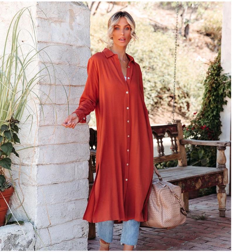 Women's Lapel Shirt Loose Casual Long Sleeve Buttoned Midi Shift Dress Blue Zone Planet