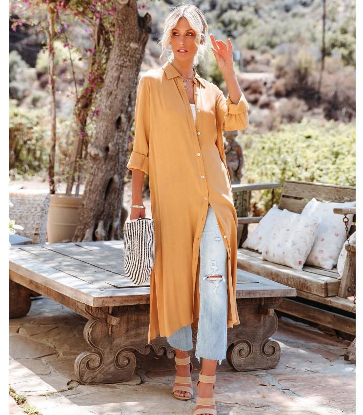 Women's Lapel Shirt Loose Casual Long Sleeve Buttoned Midi Shift Dress Blue Zone Planet