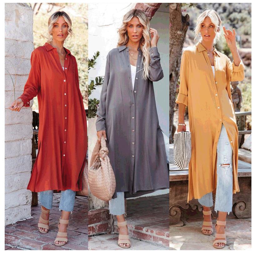 Women's Lapel Shirt Loose Casual Long Sleeve Buttoned Midi Shift Dress Blue Zone Planet