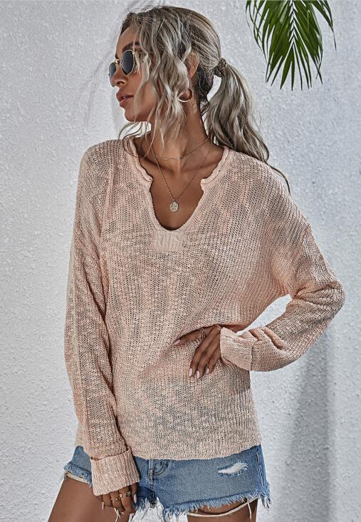 Women's Loose V-Neck Pullover Long Sleeve Sweater BLUE ZONE PLANET