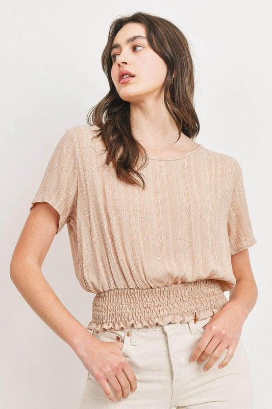 Woven Printed Crinkle Gauze Waist Smocking Short Sleeve Top Blue Zone Planet