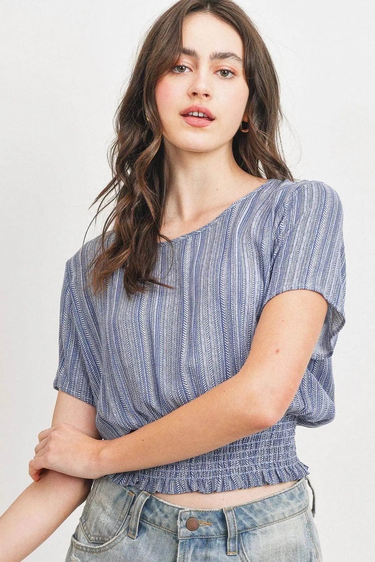 Woven Printed Crinkle Gauze Waist Smocking Short Sleeve Top Blue Zone Planet