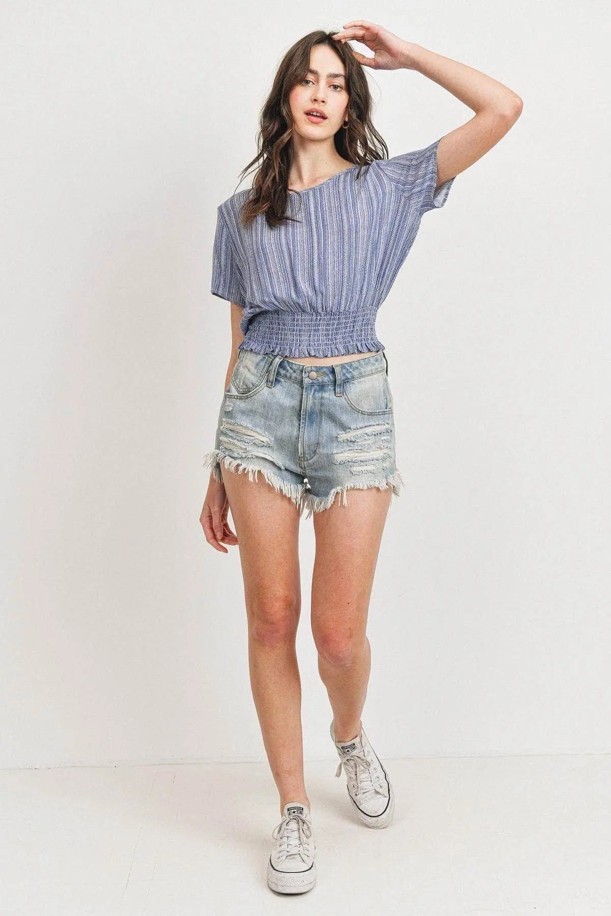 Woven Printed Crinkle Gauze Waist Smocking Short Sleeve Top Blue Zone Planet