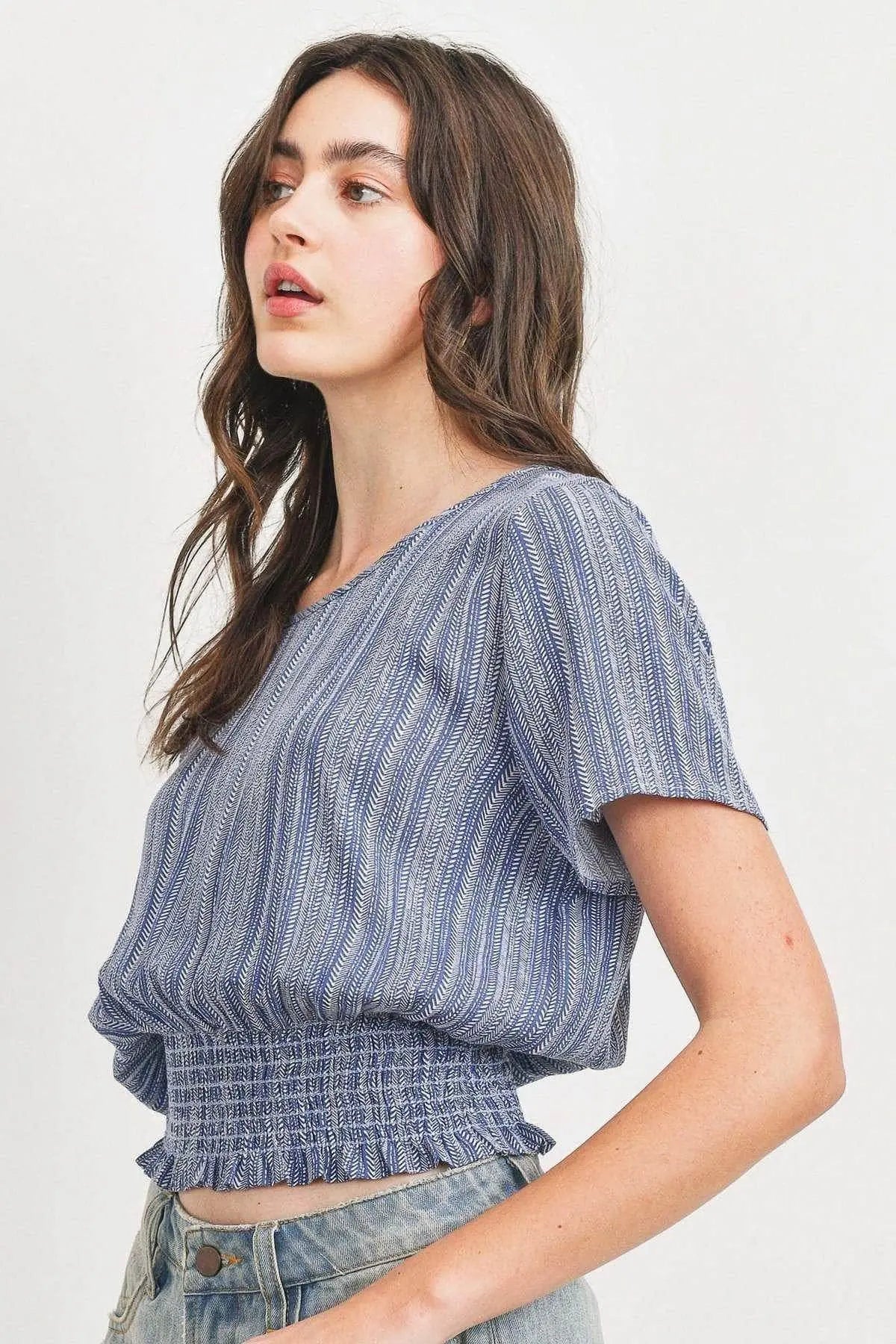 Woven Printed Crinkle Gauze Waist Smocking Short Sleeve Top Blue Zone Planet