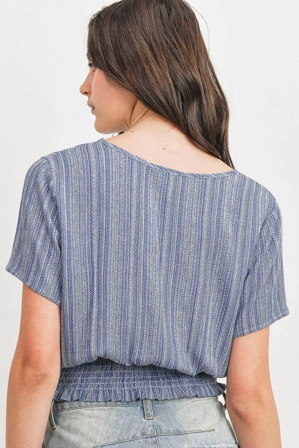 Woven Printed Crinkle Gauze Waist Smocking Short Sleeve Top Blue Zone Planet