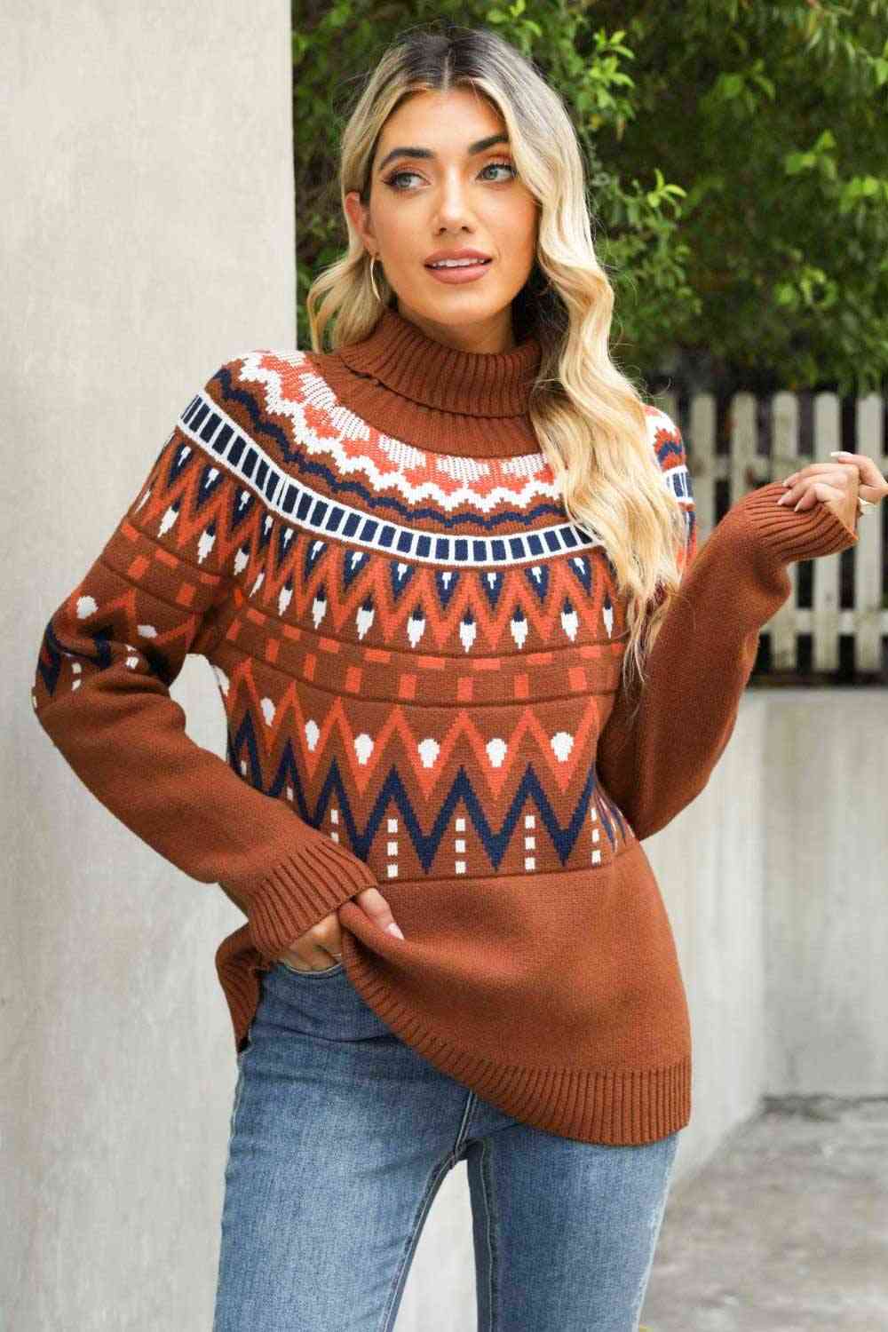 Woven Right Chevron Turtleneck Ribbed Trim Sweater BLUE ZONE PLANET