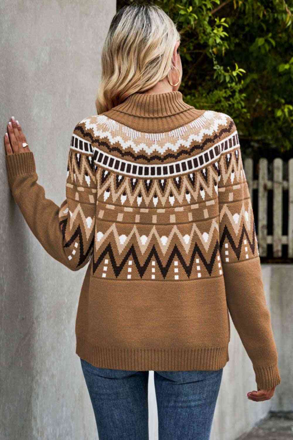 Woven Right Chevron Turtleneck Ribbed Trim Sweater BLUE ZONE PLANET