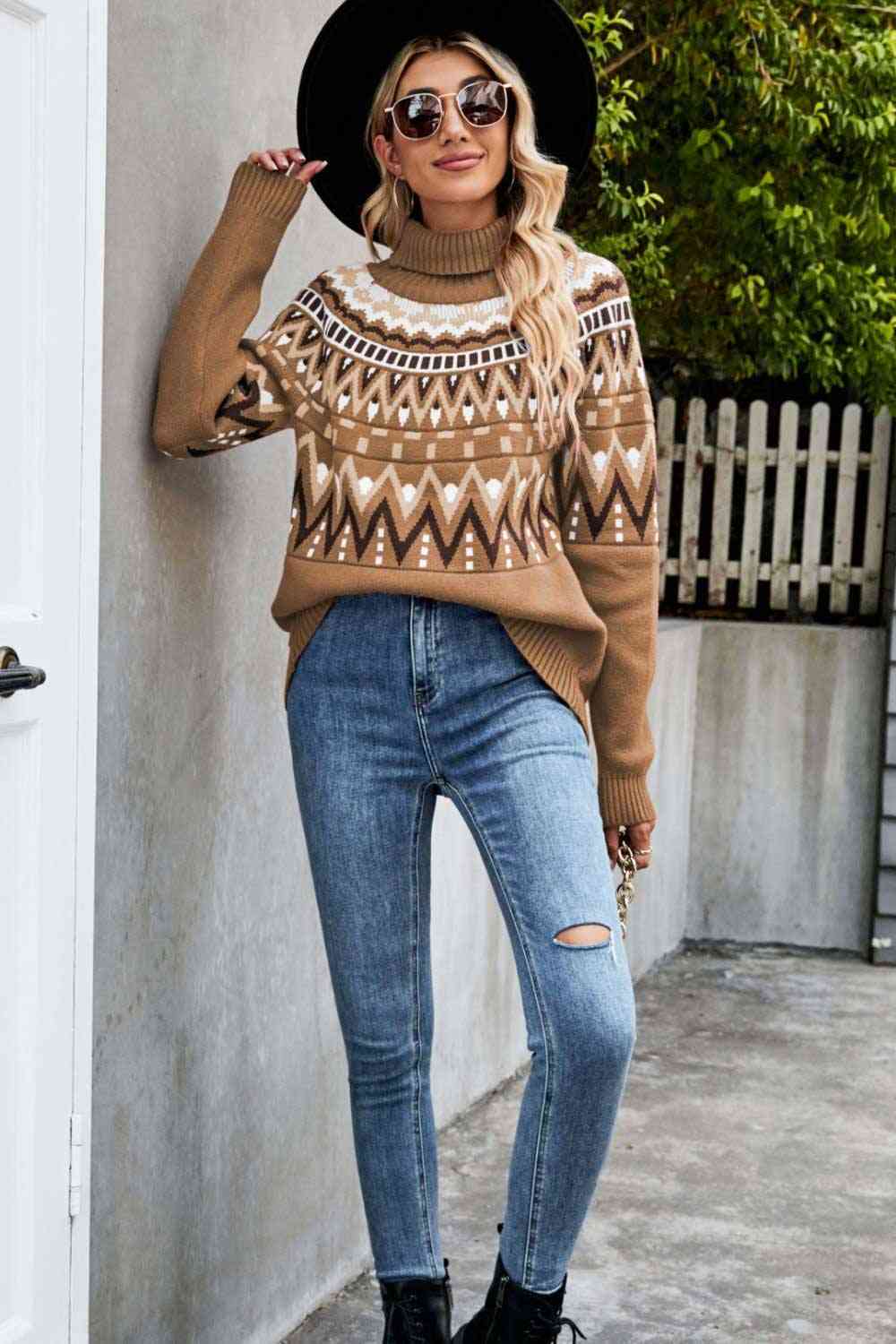 Woven Right Chevron Turtleneck Ribbed Trim Sweater BLUE ZONE PLANET