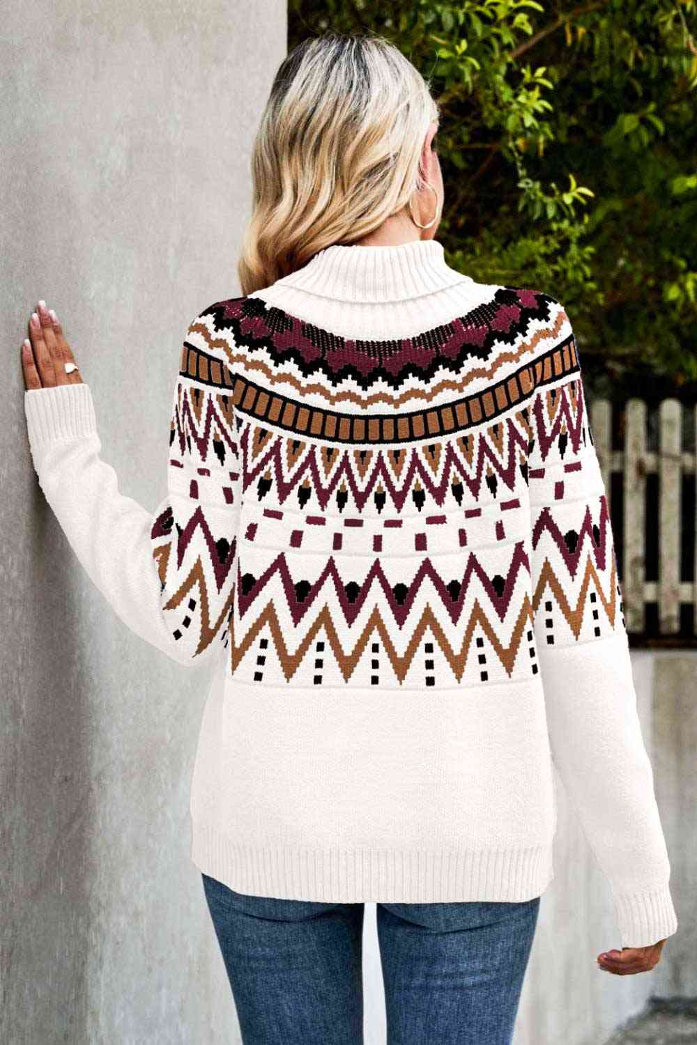 Woven Right Chevron Turtleneck Ribbed Trim Sweater BLUE ZONE PLANET