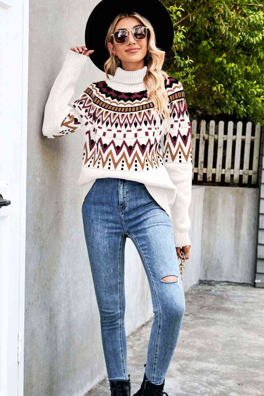 Woven Right Chevron Turtleneck Ribbed Trim Sweater BLUE ZONE PLANET
