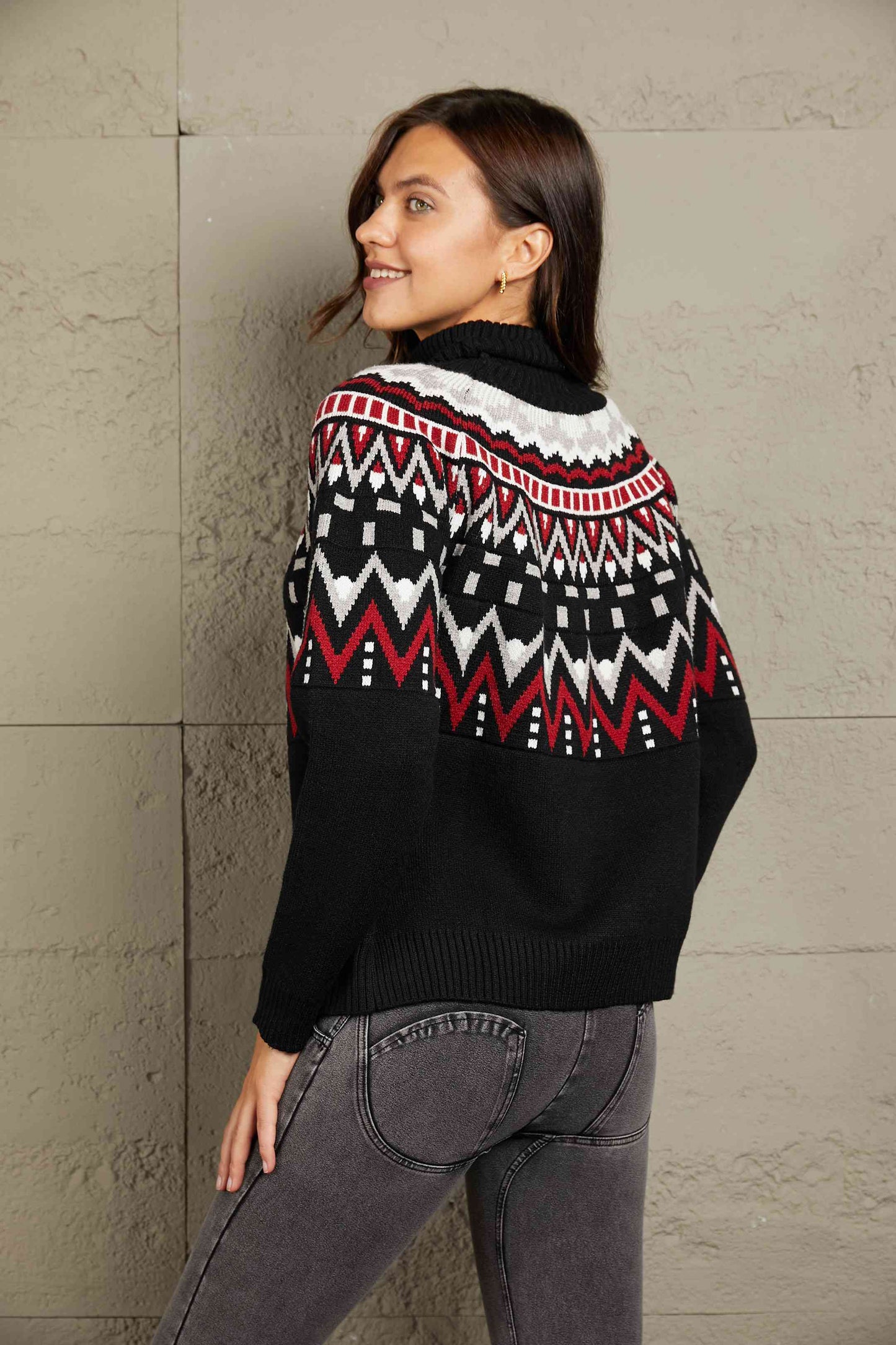 Woven Right Chevron Turtleneck Ribbed Trim Sweater BLUE ZONE PLANET