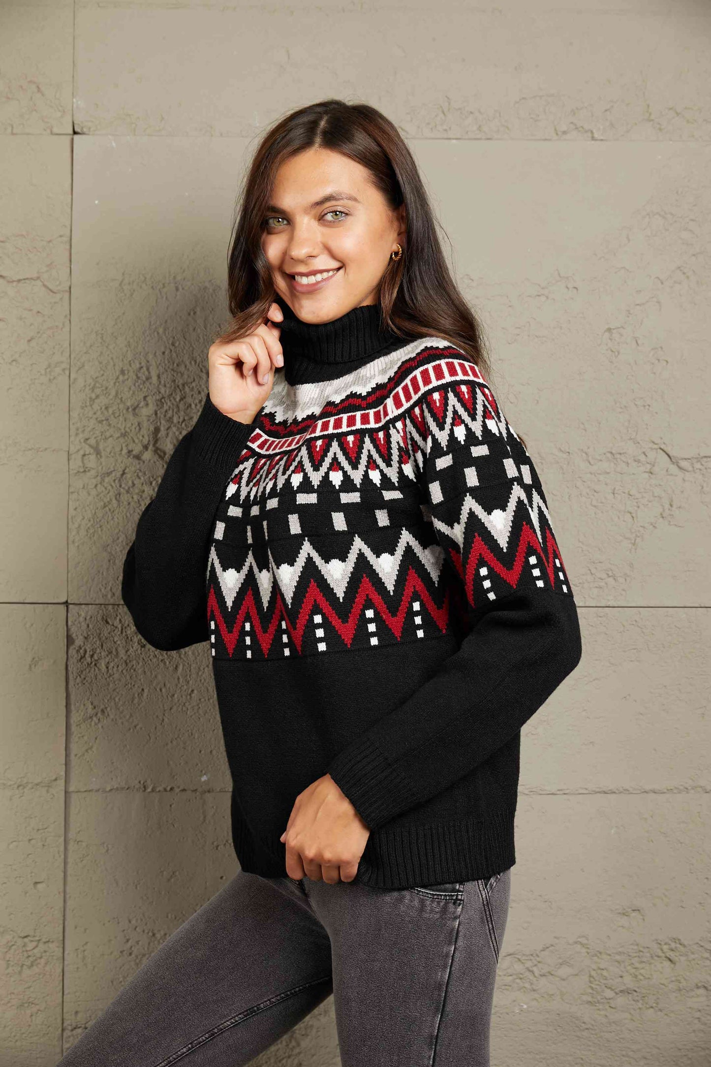 Woven Right Chevron Turtleneck Ribbed Trim Sweater BLUE ZONE PLANET