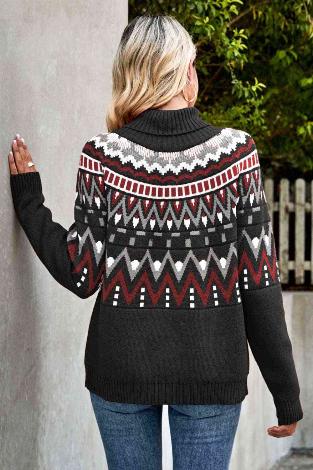 Woven Right Chevron Turtleneck Ribbed Trim Sweater BLUE ZONE PLANET