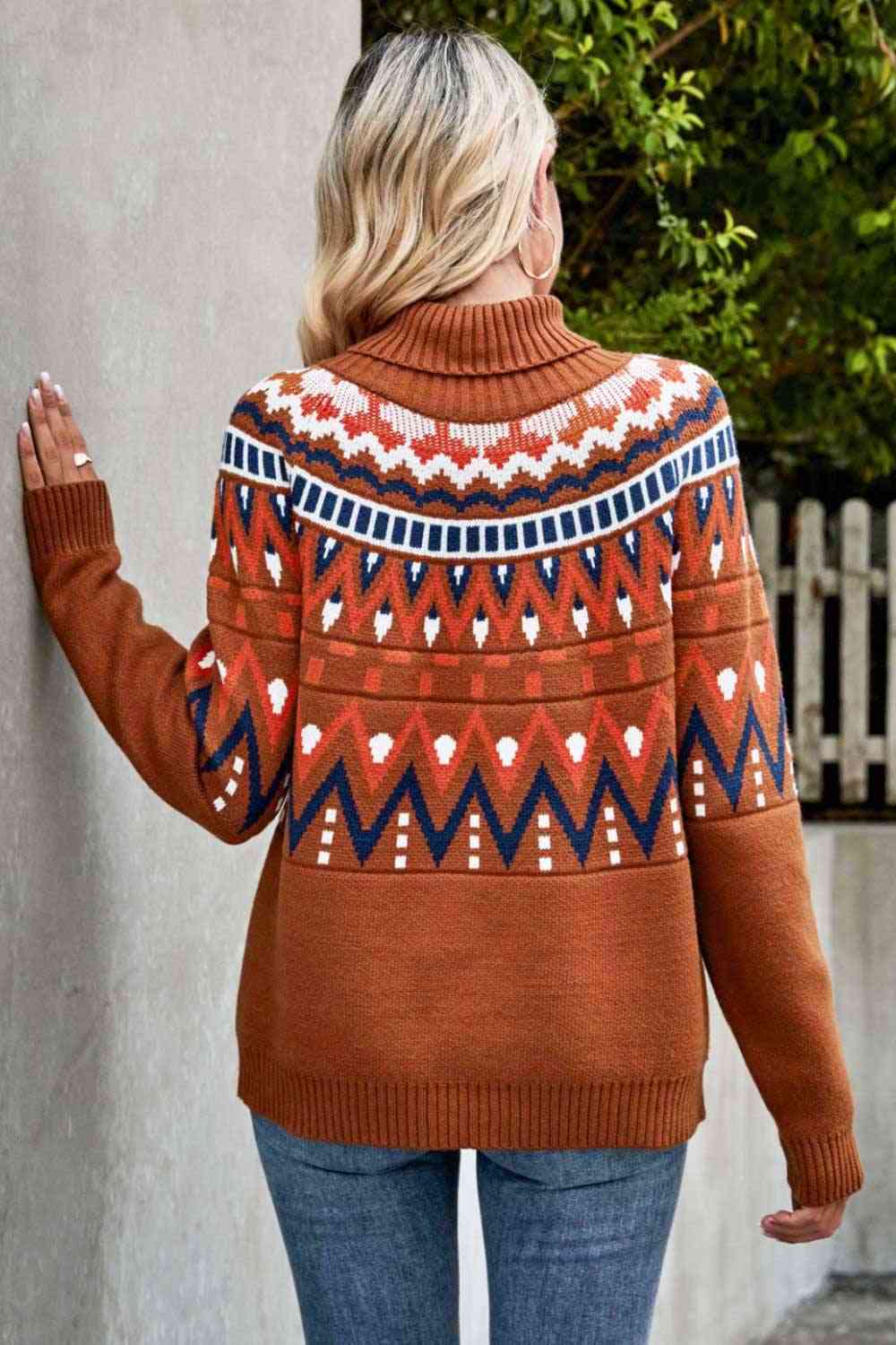 Woven Right Chevron Turtleneck Ribbed Trim Sweater BLUE ZONE PLANET