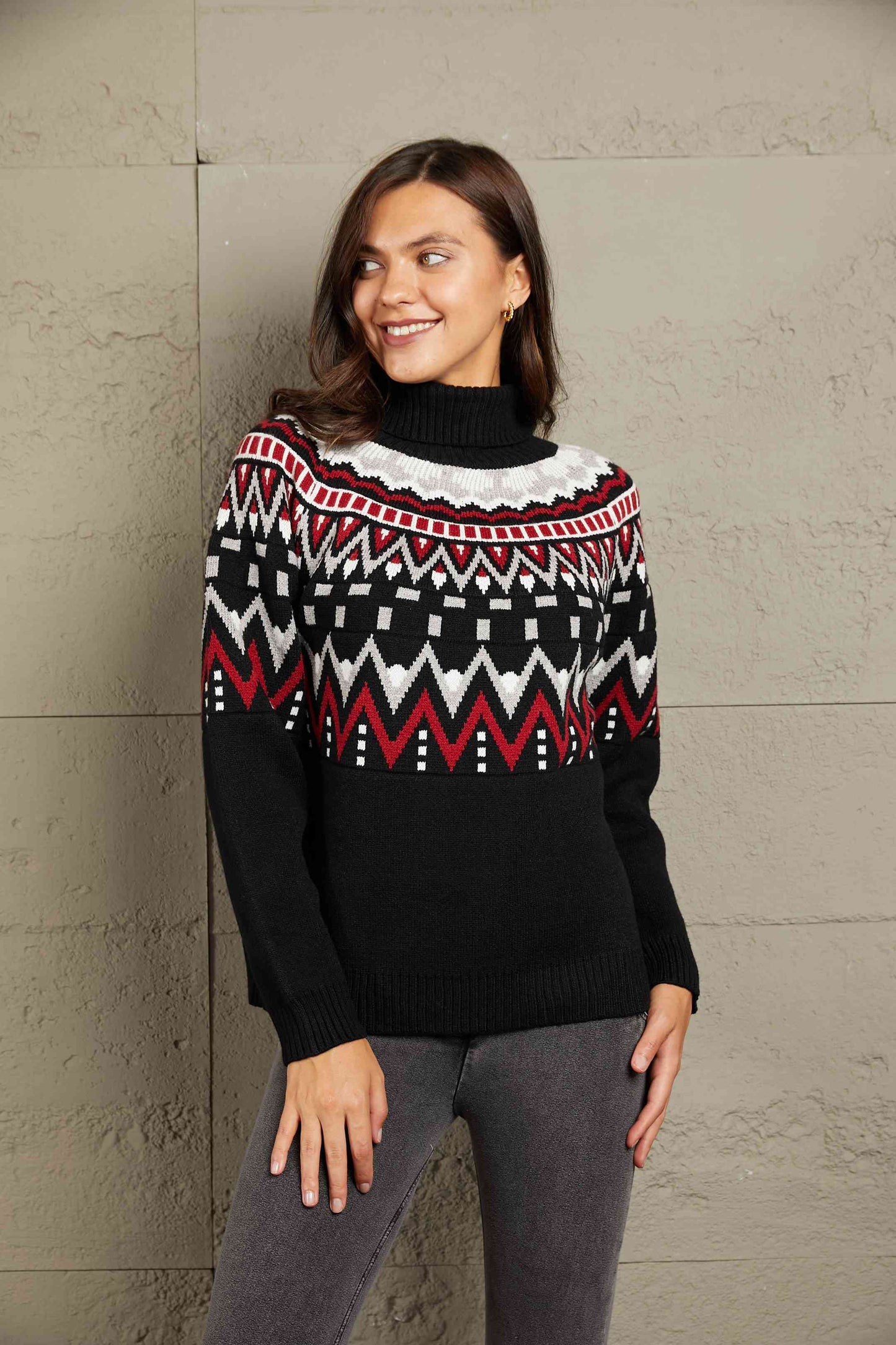 Woven Right Chevron Turtleneck Ribbed Trim Sweater BLUE ZONE PLANET